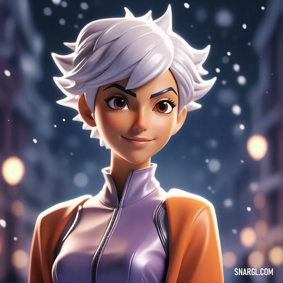 Cartoon character with a white hair and a brown jacket on a snowy night with street lights in the background. Example of RGB 179,152,169 color.
