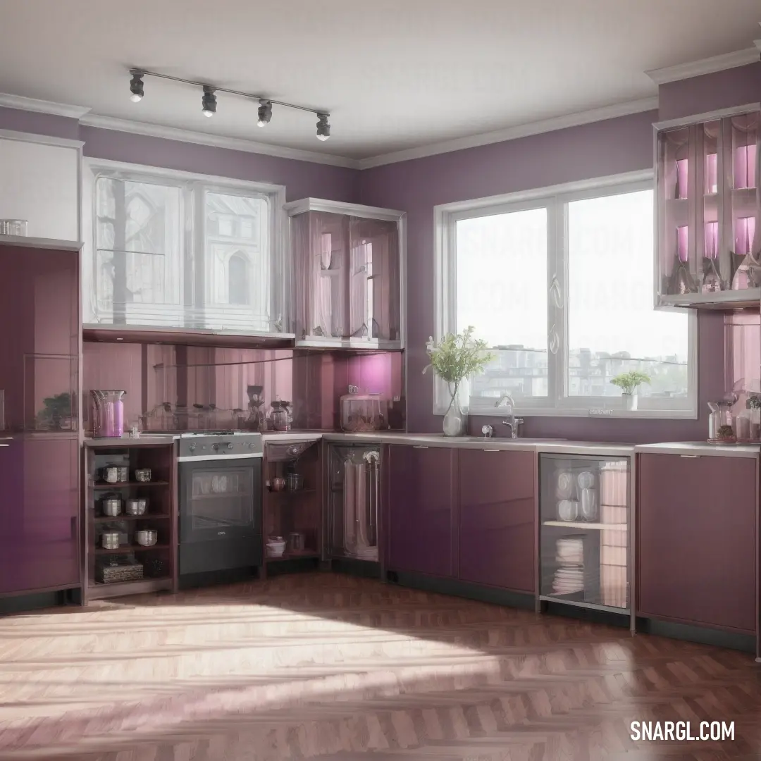 CMYK 15,38,7,22. Kitchen with a lot of purple cabinets and a window