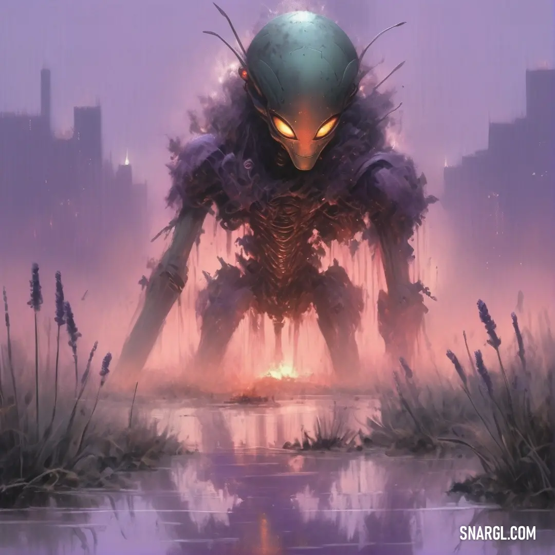 Giant alien standing in a swampy area with a city in the background. Color PANTONE 522.