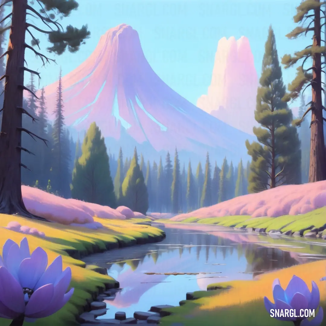 PANTONE 522 color example: Painting of a mountain with a lake and trees in the foreground and a pond in the foreground