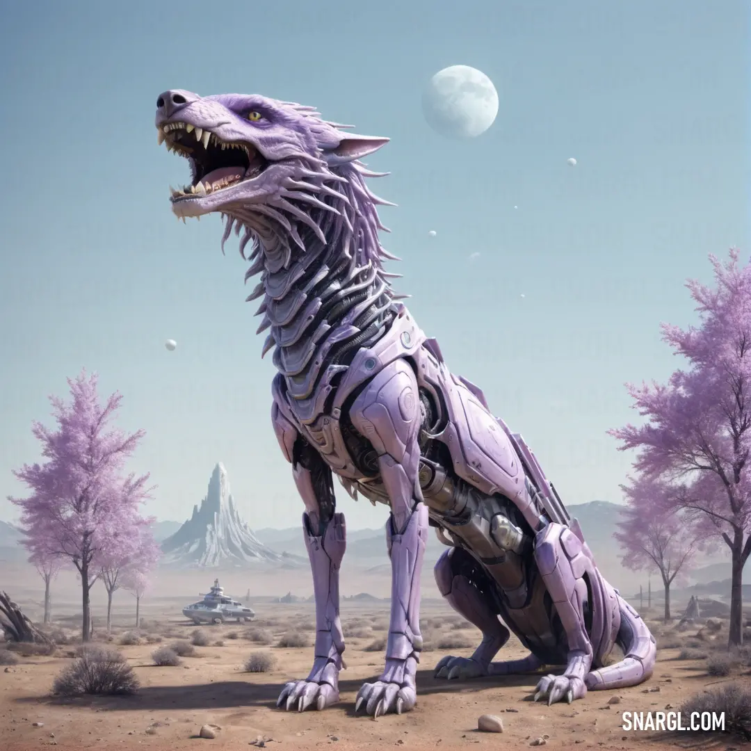 Purple dinosaur in a desert with trees and a moon in the background. Example of RGB 190,160,199 color.