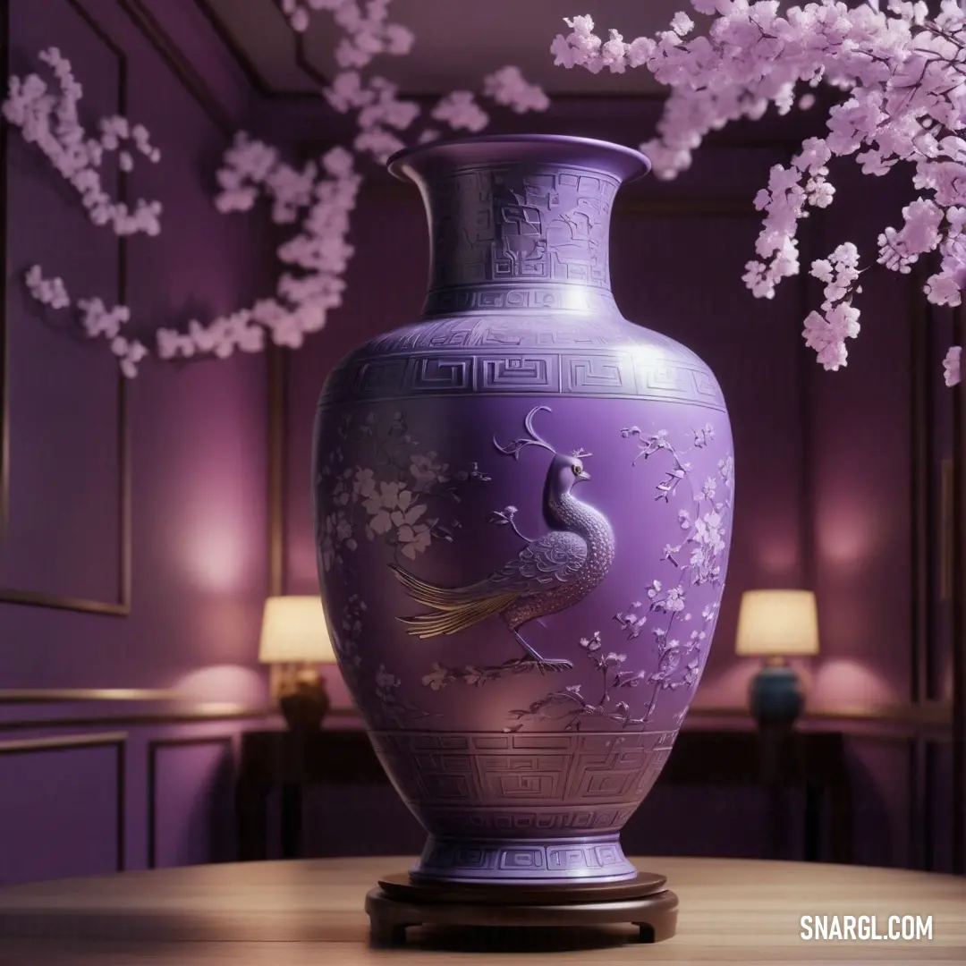 Purple vase with a bird on it on a table with a lamp and flowers in the background. Example of RGB 190,160,199 color.