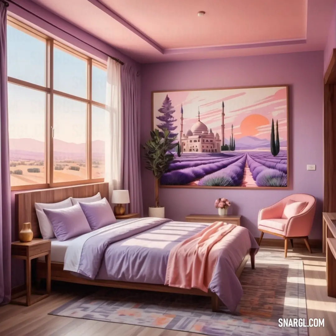Bedroom with a large painting on the wall and a bed in the middle of the room with a pink blanket. Color CMYK 8,25,4,14.