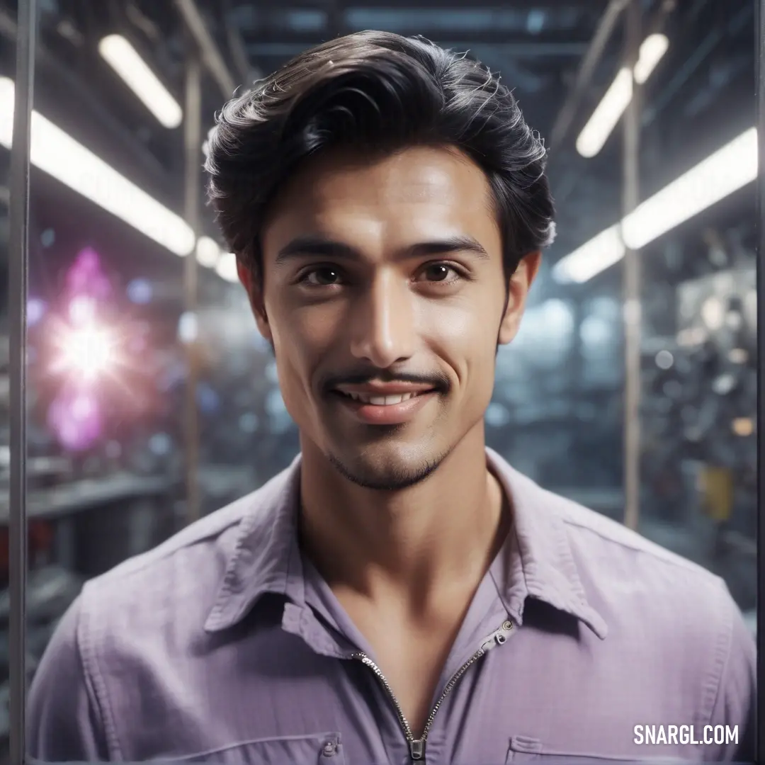 Man with a mustache and a purple shirt in a factory area with lights on the ceiling and a mirror behind him. Example of PANTONE 5225 color.