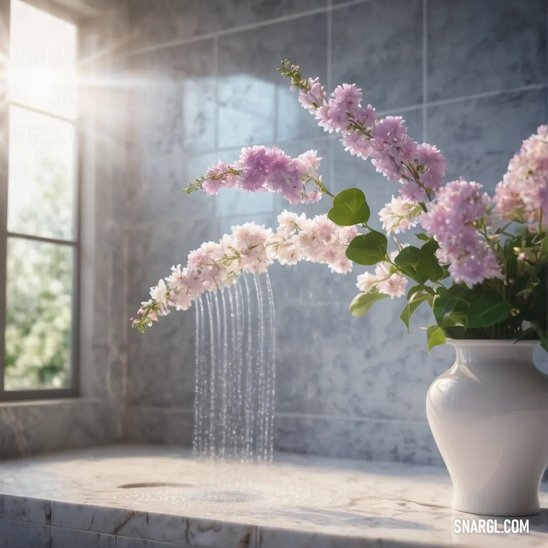 Vase with flowers on a counter in a bathroom with a window in the background. Example of #CAB5C1 color.