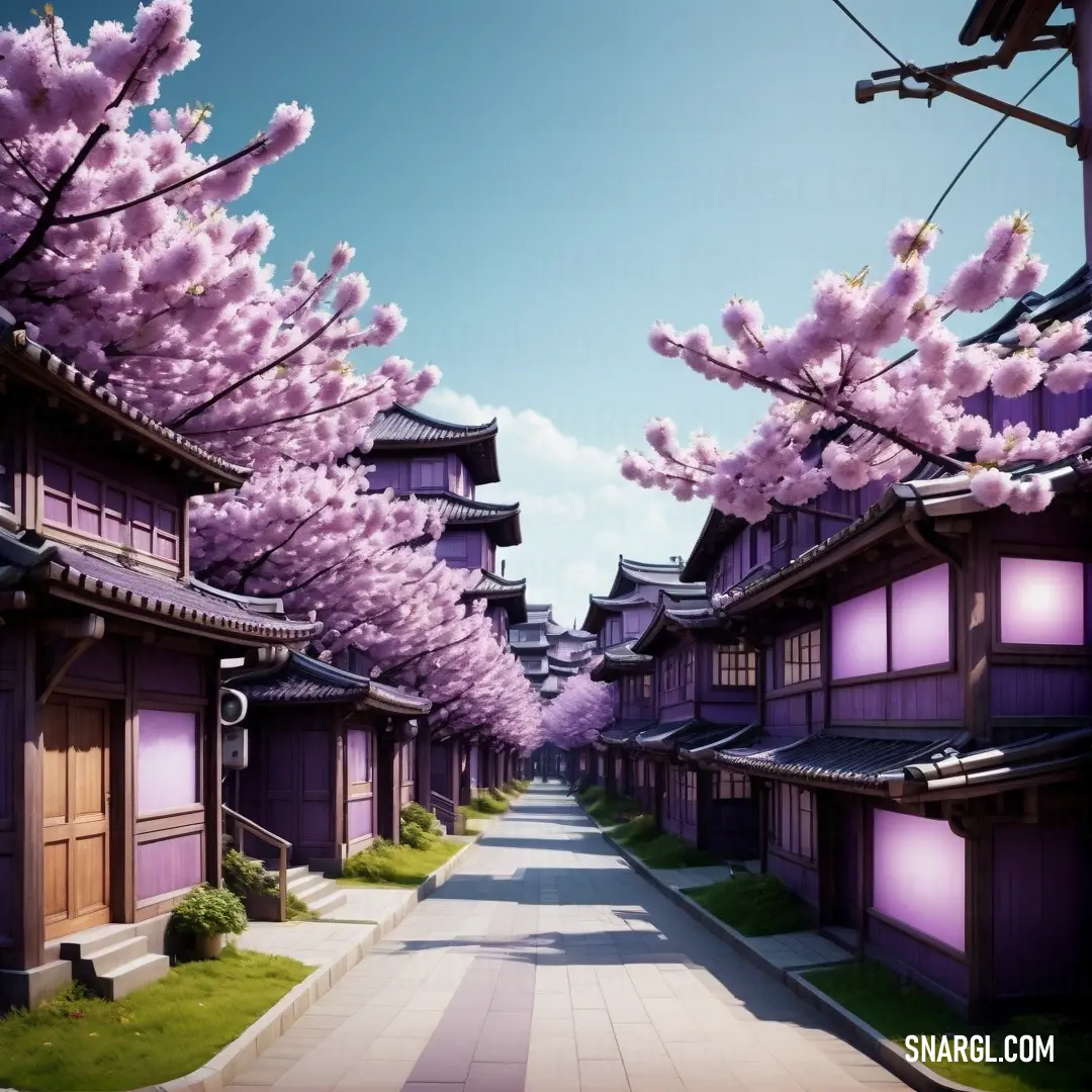 Street lined with purple flowers and buildings in the background