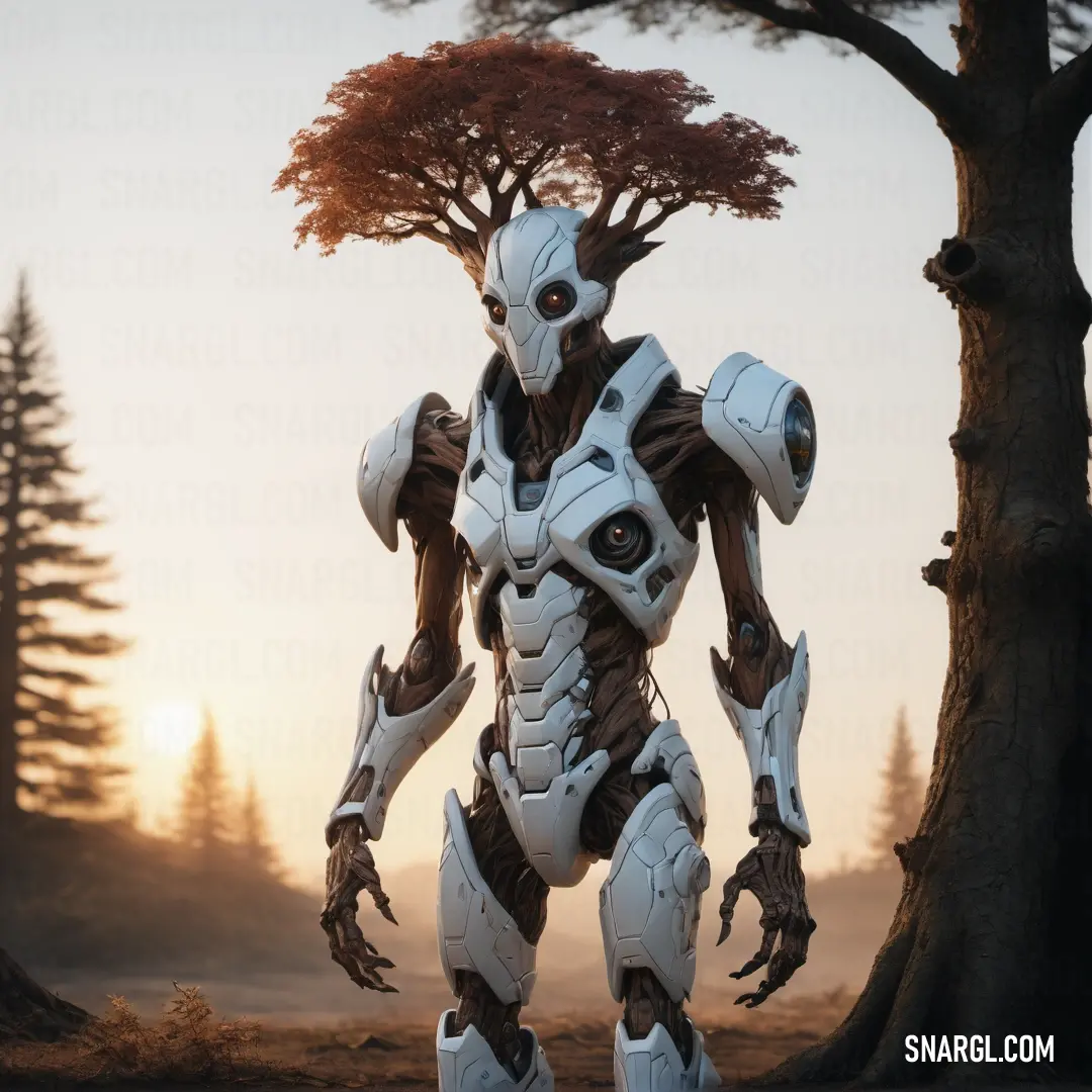Robot standing next to a tree in a forest at sunset or dawn with a sun setting behind it. Color CMYK 3,10,3,5.