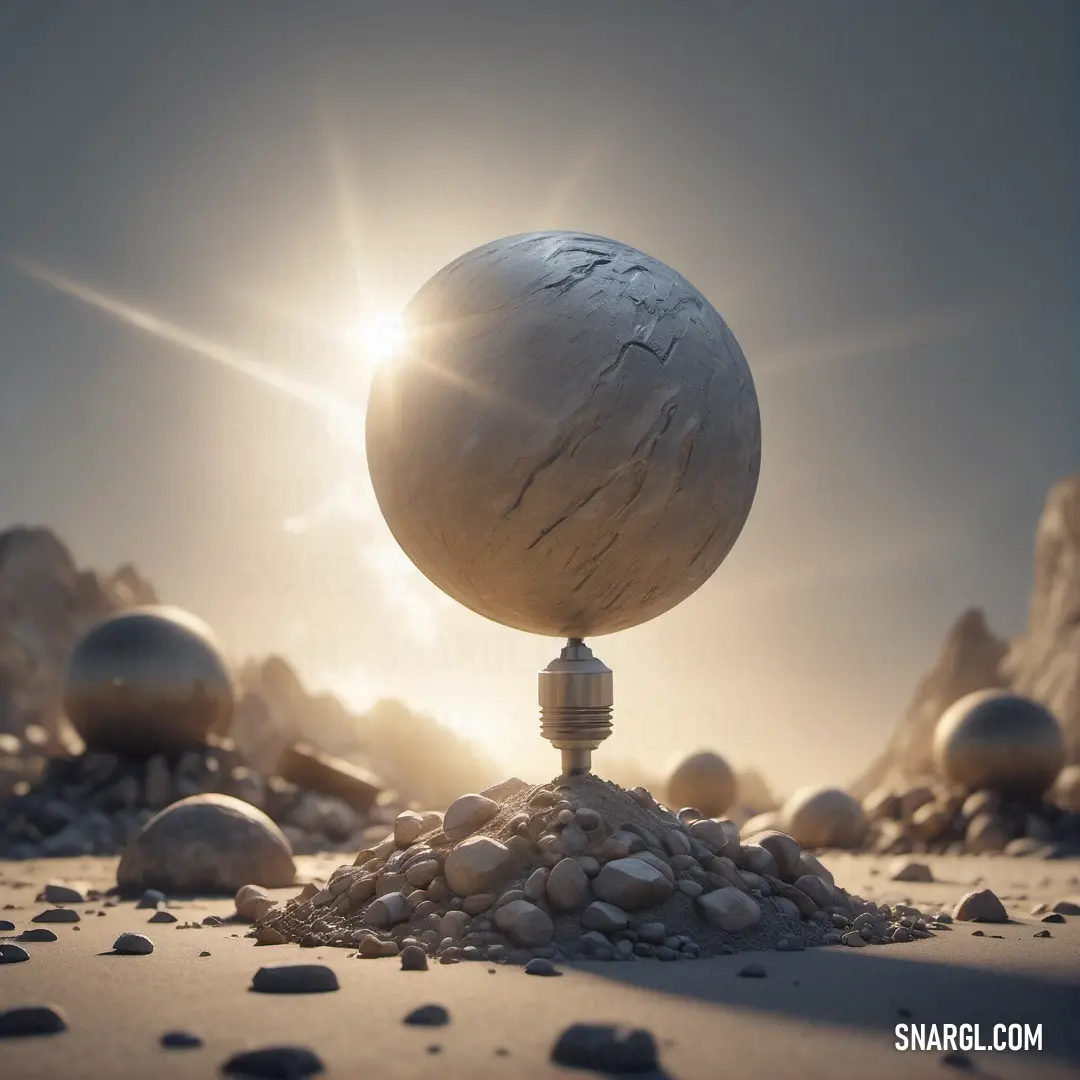 Sphere on top of a pile of rocks in the desert with the sun shining behind it and a pile of rocks in the foreground