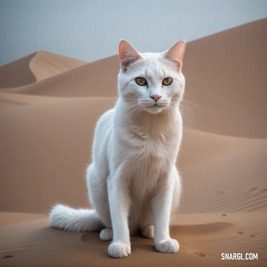 PANTONE 5245 color example: White cat in the middle of a desert area with sand dunes in the background