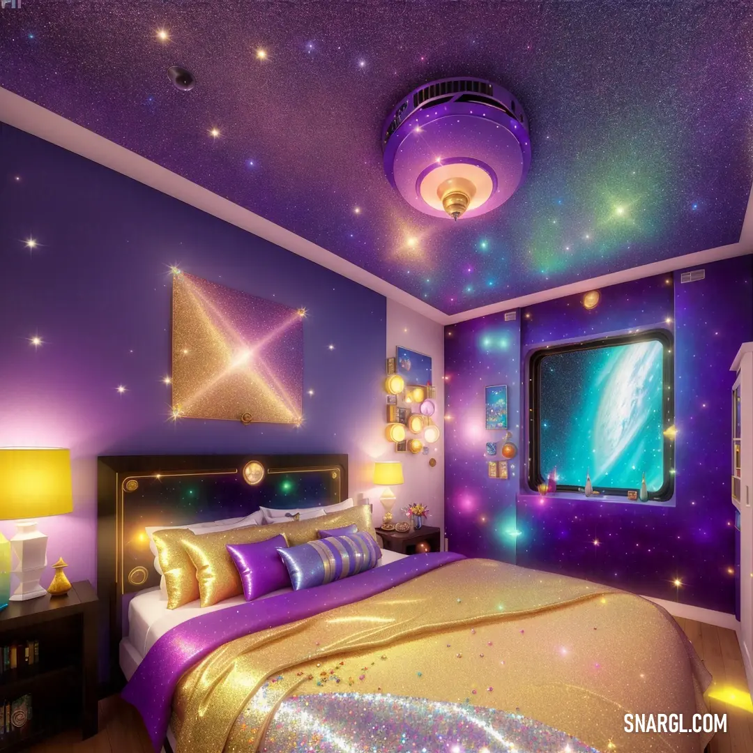 Bedroom with a purple and gold theme and a large bed with a purple comforter and a purple and gold comforter. Color #572A5D.