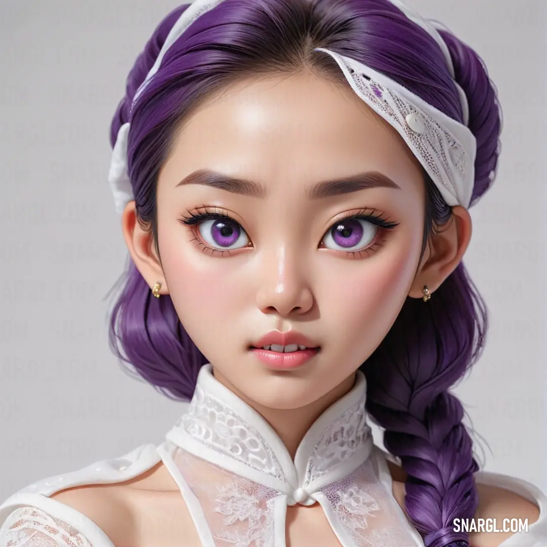 Doll with purple hair and a white shirt on a white background. Example of #572A5D color.