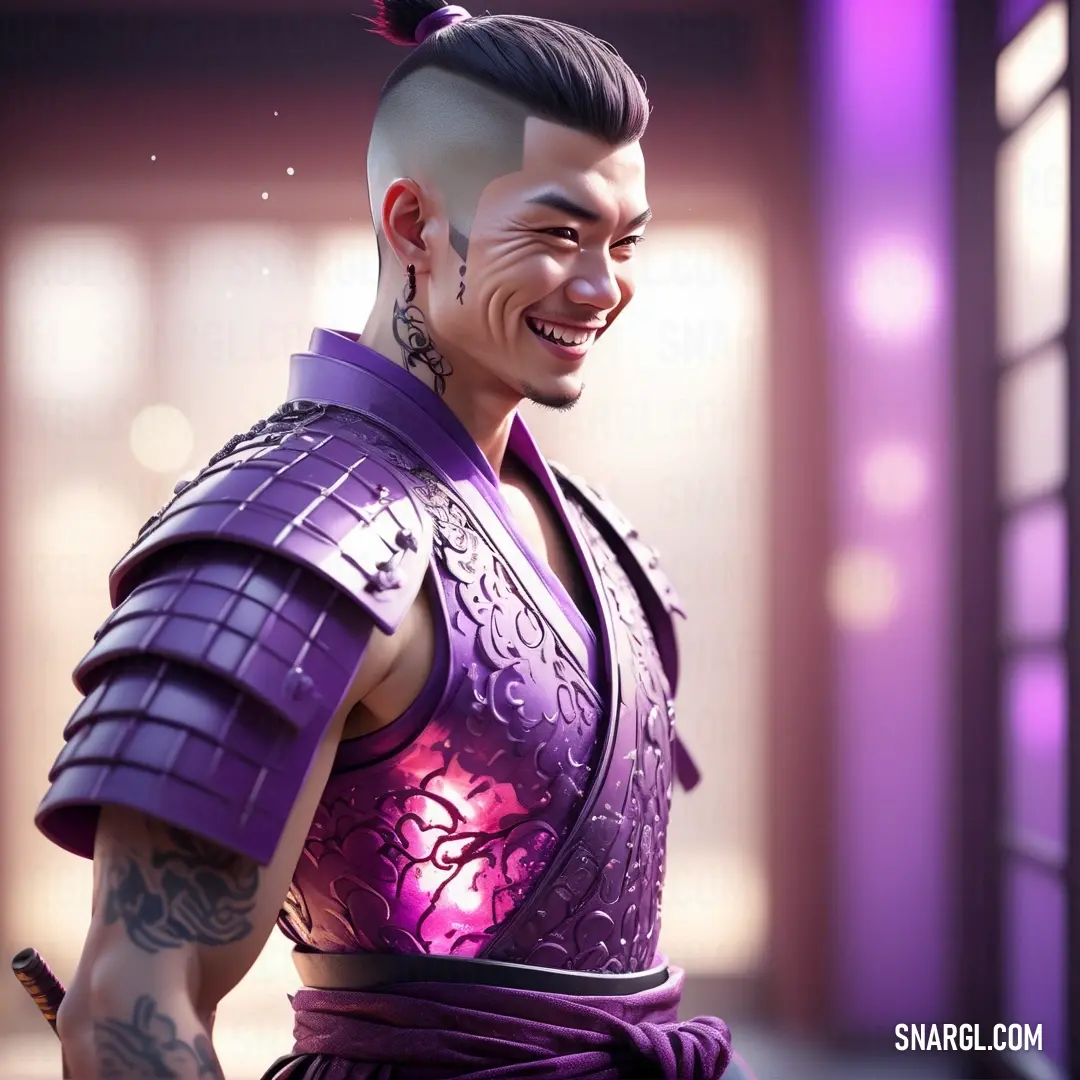 Man with a mohawk and a top knot in a purple outfit with a purple background. Color #572A5D.