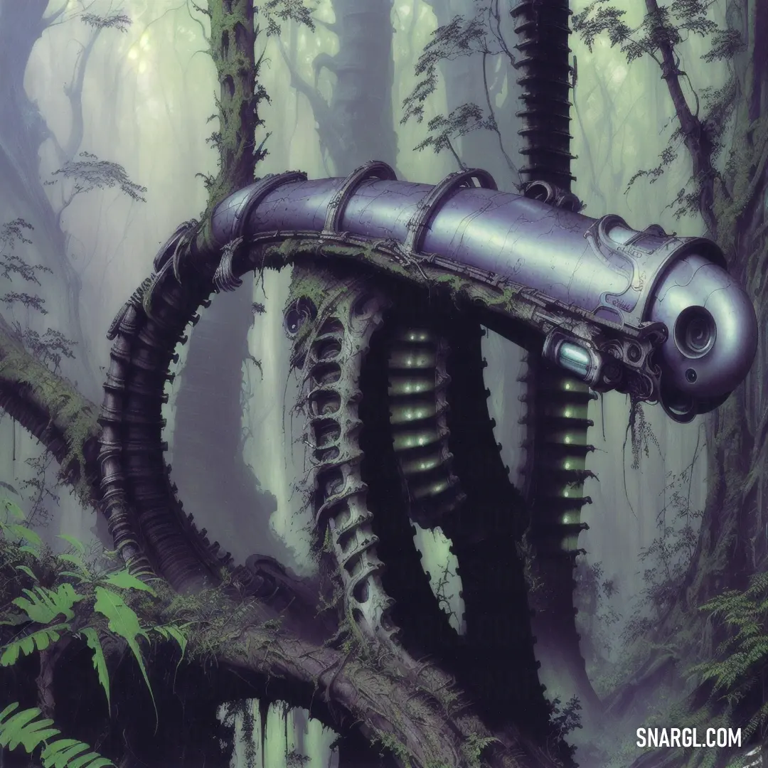 Futuristic machine in a forest with trees and plants on the ground and a man standing next to it. Color PANTONE 5255.
