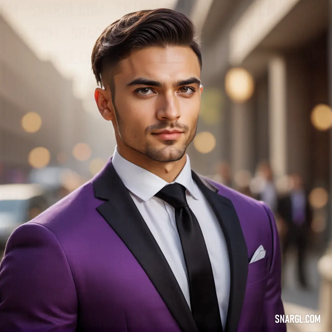 PANTONE 526 color. Man in a purple suit and black tie standing in a street with a building in the background