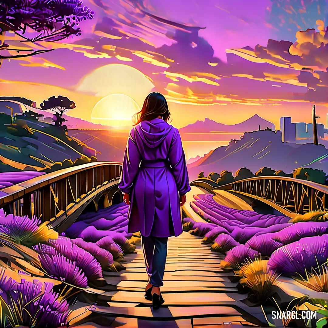 Painting of a woman walking down a path towards a sunset over a lavender field with a bridge in the background