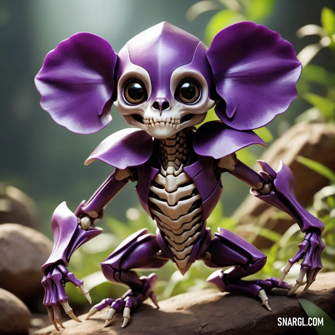 Purple skeleton with big ears and a big tail is on a rock in the grass and has a purple flower in its mouth. Color PANTONE 526.