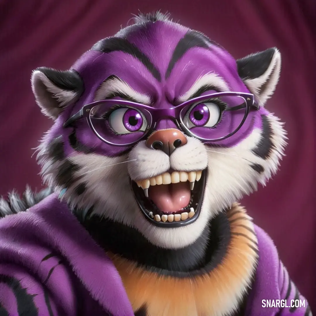 Purple tiger wearing glasses and a purple shirt with a purple background. Example of PANTONE 526 color.
