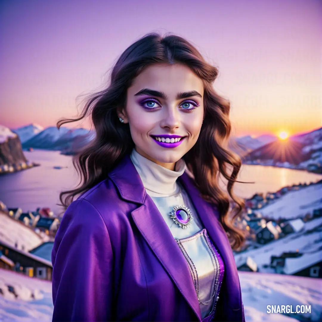 Woman in a purple jacket and a purple necklace and a sunset in the background. Color PANTONE 526.