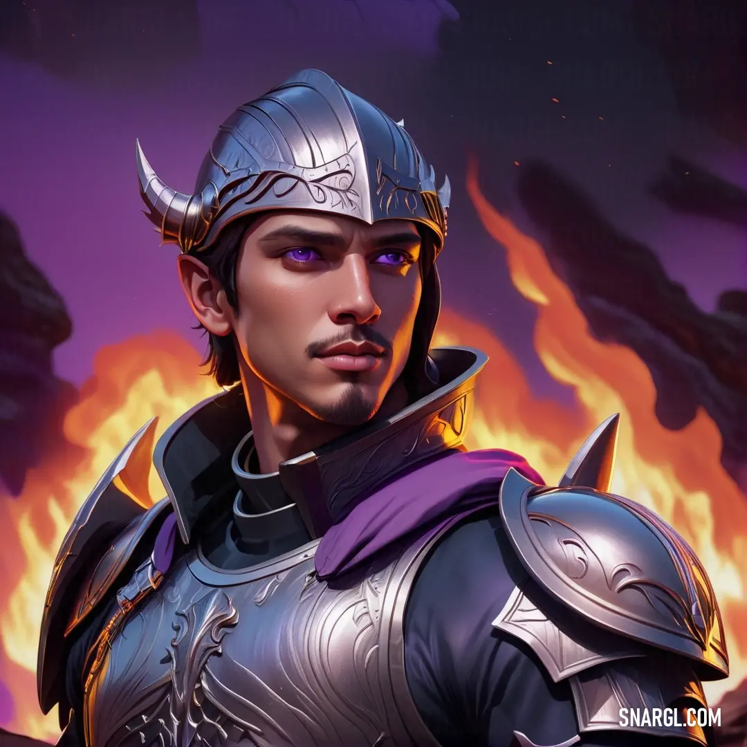 Man in armor standing in front of a fire filled sky with a helmet on his head and a sword in his hand. Example of PANTONE 5265 color.