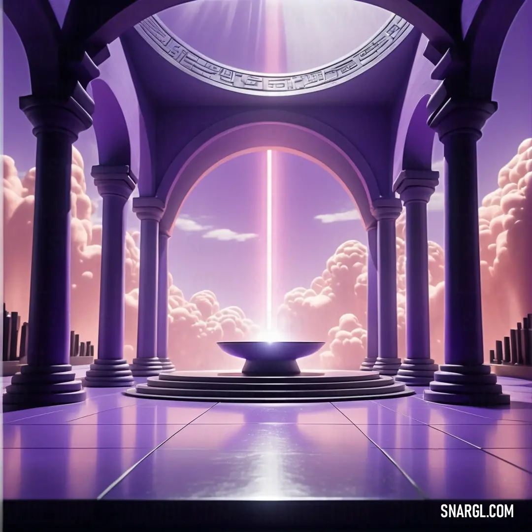 PANTONE 5265 color example: Purple and white room with columns and a fountain in the center of it with a sky background and clouds
