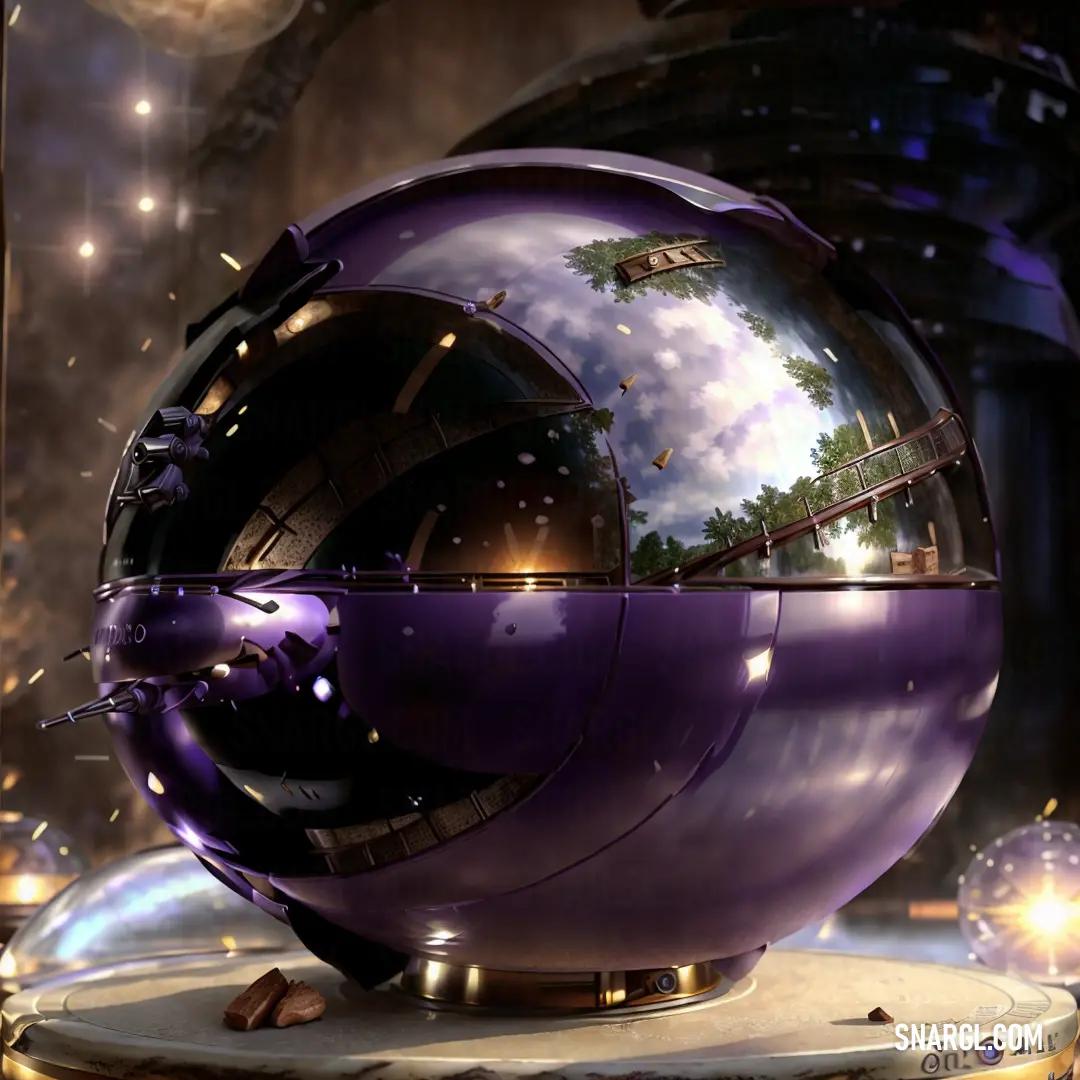 Shiny purple sphere with a reflection of a tree in it's center and a building in the background. Color PANTONE 5265.