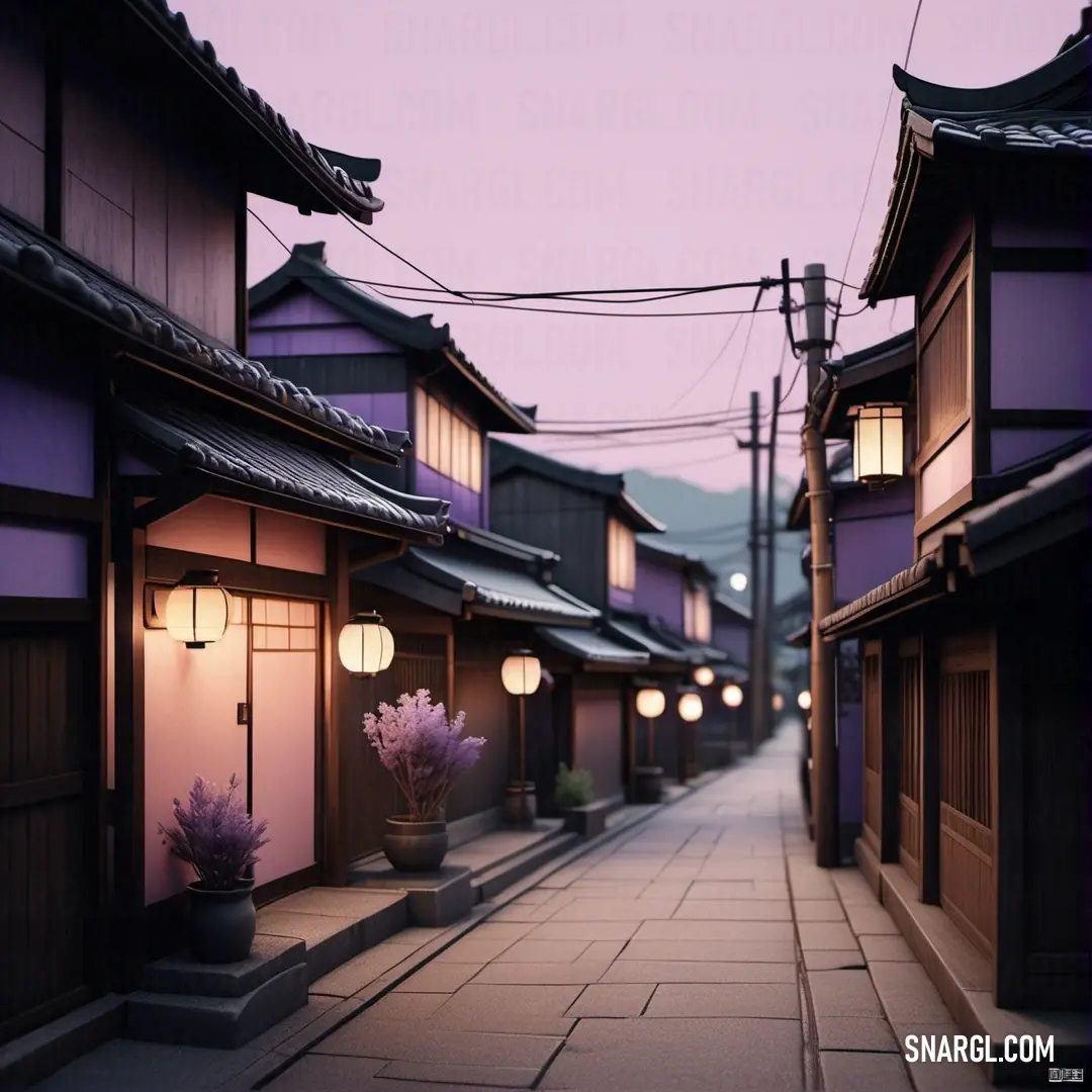Street with a lot of buildings and lights on it at dusk time with a purple sky in the background. Color CMYK 86,83,9,45.