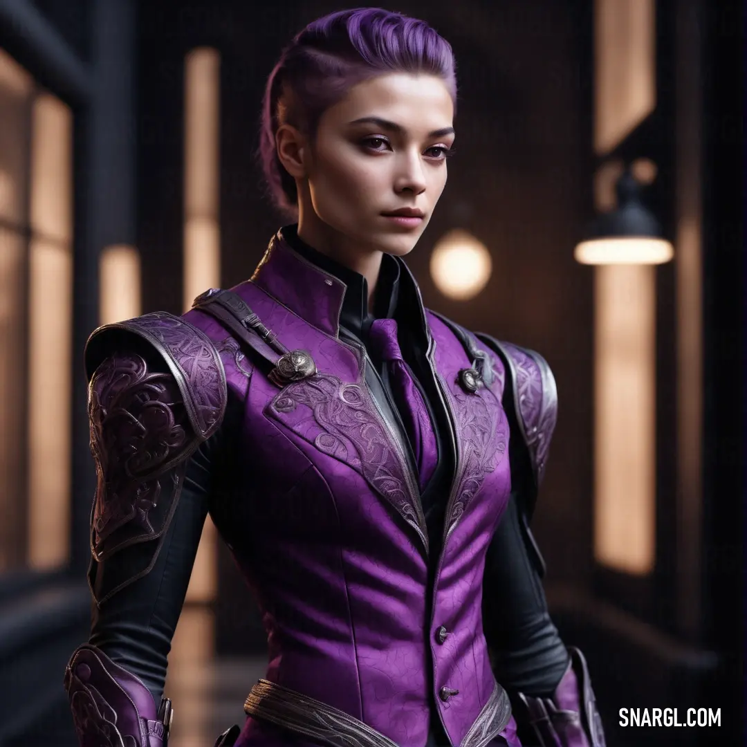 Woman in a purple suit and black gloves standing in a hallway with a light on her face and a black jacket on. Example of #7B3F92 color.