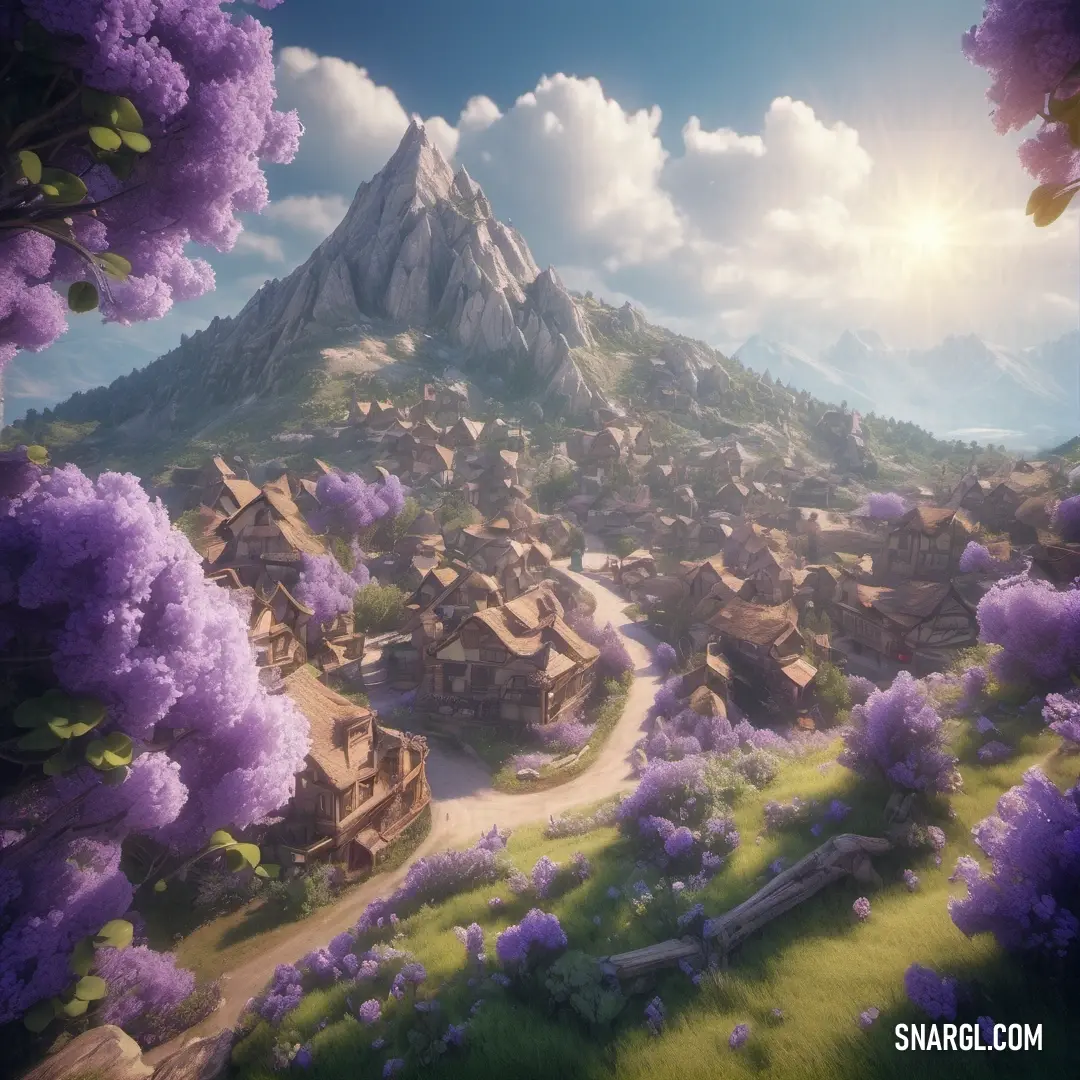 Computer generated image of a village surrounded by purple flowers and trees with a mountain in the background