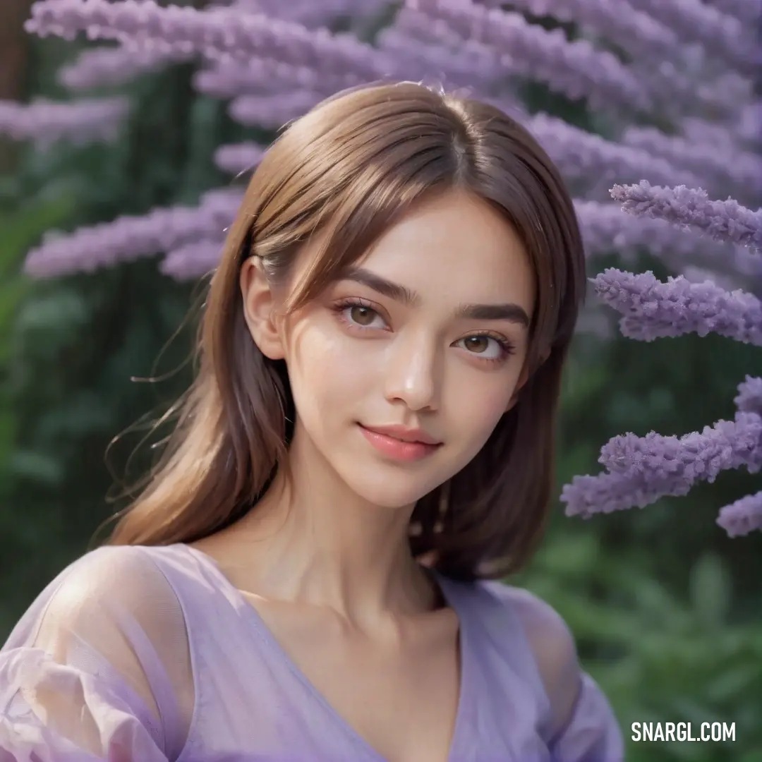 Woman with long hair and a purple dress standing in front of purple flowers with her eyes closed and a smile on her face