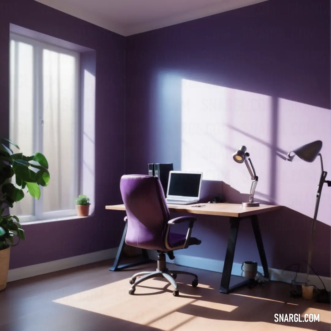 PANTONE 5285 color. Desk with a laptop and a lamp in a room with a purple wall and a potted plant