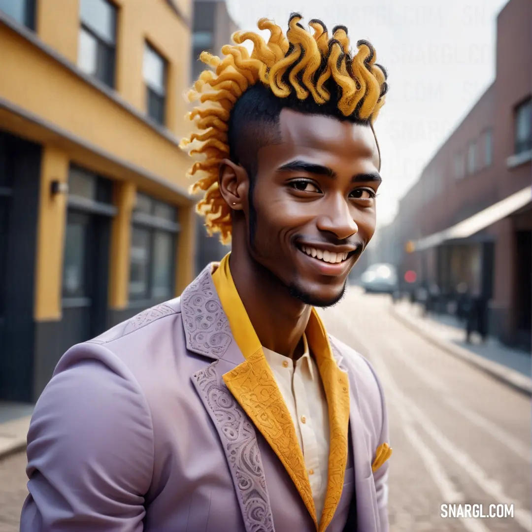 PANTONE 5285 color. Man with a yellow tie and a yellow jacket on a street with buildings in the background