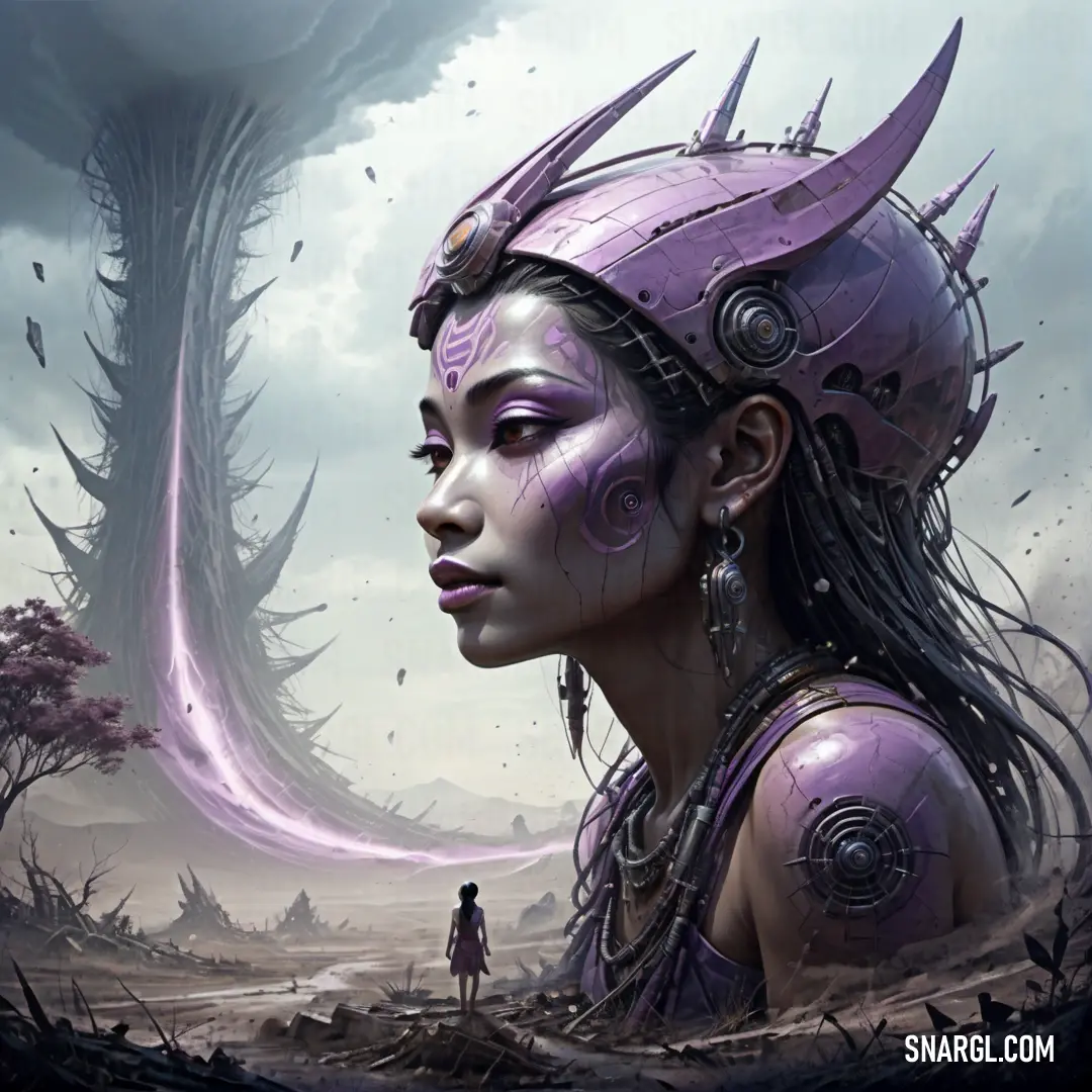 Woman with purple hair and a strange headpiece in a surreal landscape with a man standing in the distance. Example of PANTONE 5285 color.