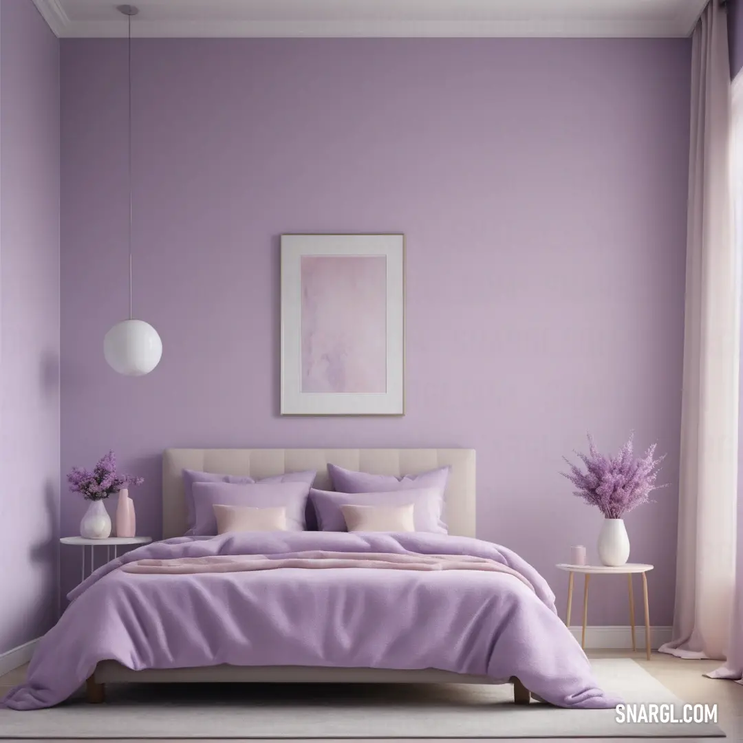 Bedroom with a purple wall and a white bed with purple sheets and pillows and a picture hanging above the bed. Example of #C0A2CA color.