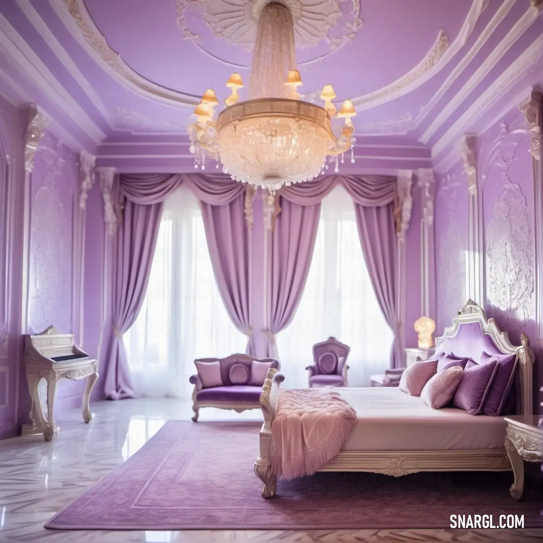Bedroom with a purple and white theme and a chandelier hanging from the ceiling and a bed with a purple comforter