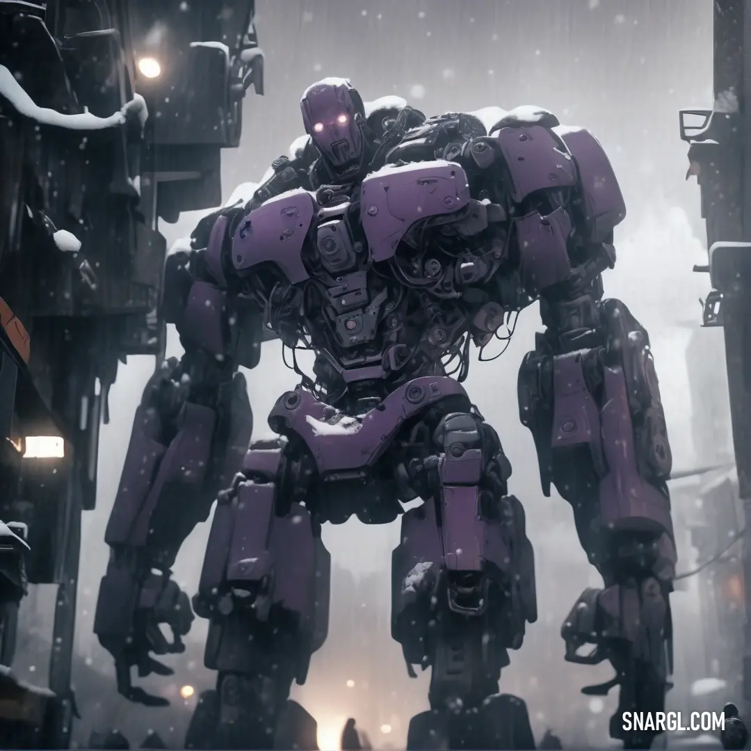Giant robot standing in the middle of a city in the snow with a lot of lights on it. Color #C0A2CA.