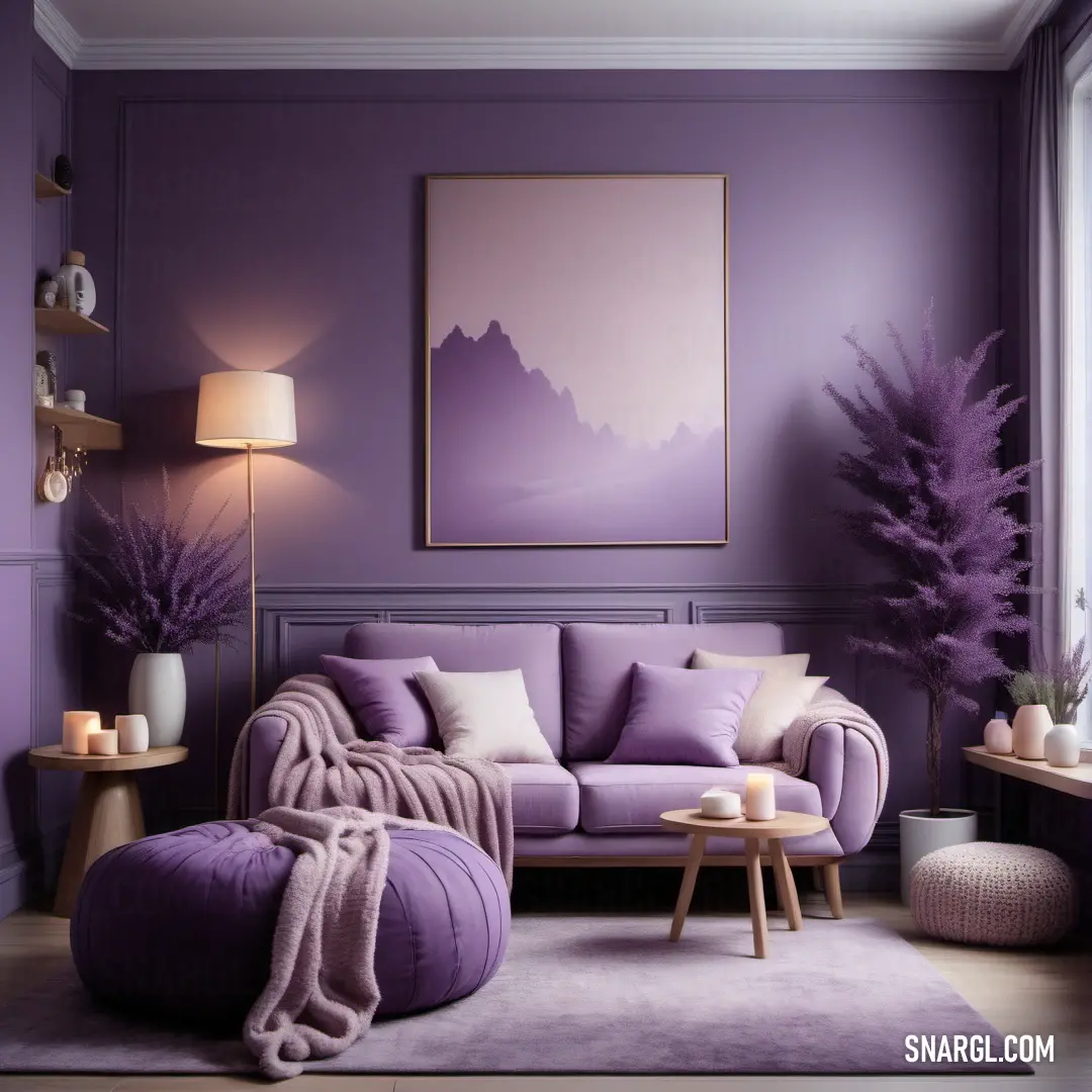 Living room with purple walls and a purple couch and chair and a table with a lamp on it. Color RGB 192,162,202.