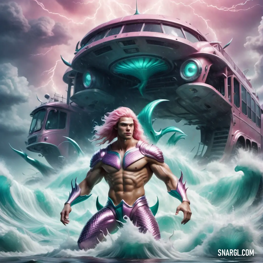 Man in a purple suit standing in front of a ship in the ocean with a lightning bolt in the background. Example of PANTONE 529 color.