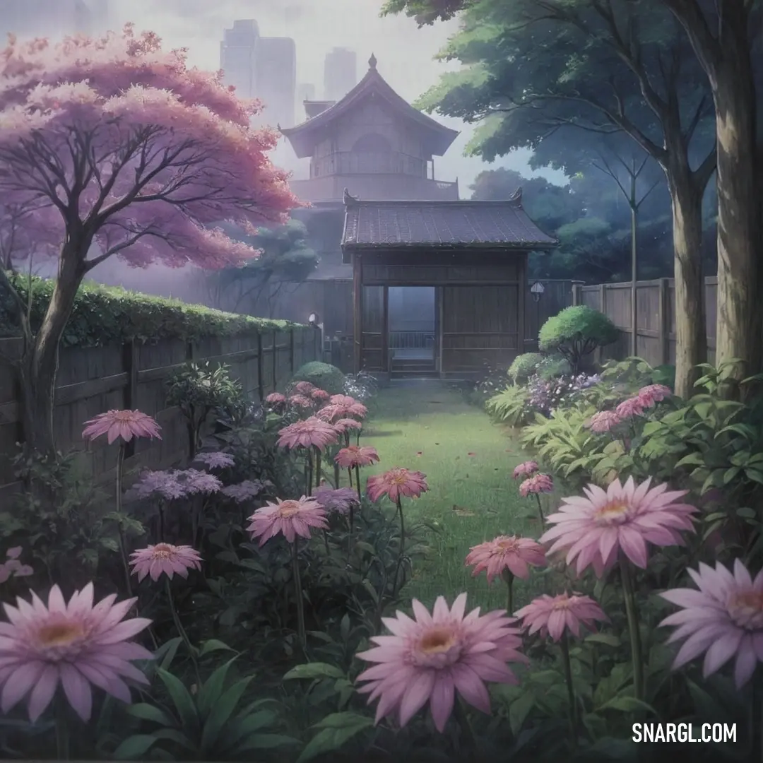 Painting of a garden with pink flowers and a pagoda in the background. Color CMYK 23,45,0,0.
