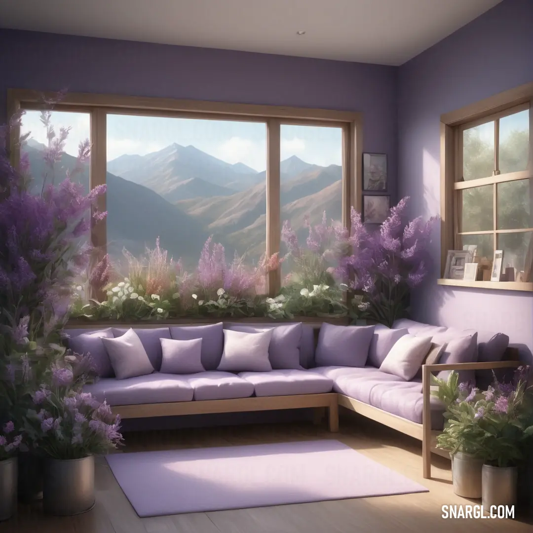 Painting of a living room with a large window and a purple couch with lavender pillows and pillows on it. Color CMYK 23,45,0,0.