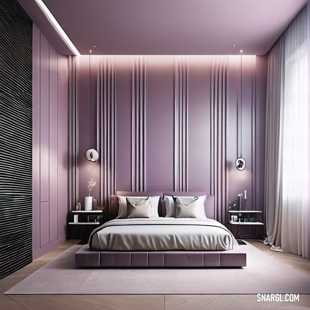 Bedroom with a bed and a purple wall behind it and a white rug on the floor. Color PANTONE 5295.