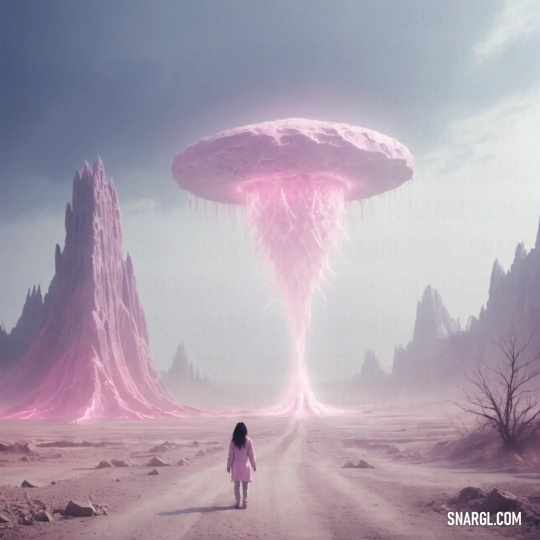 Girl walking down a dirt road towards a giant object in the sky with a pink light coming from it. Color PANTONE 530.