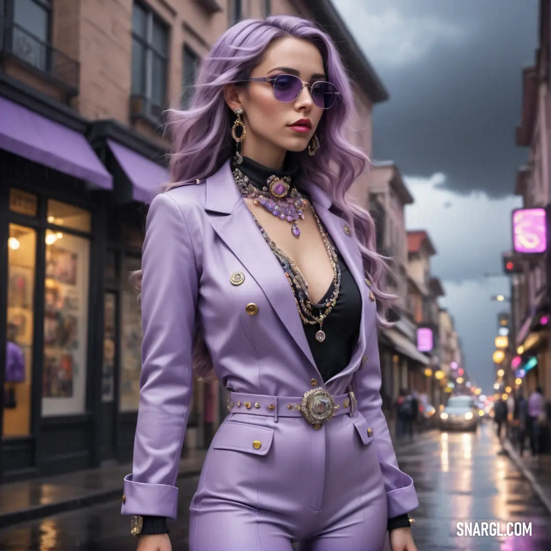 Woman in a purple suit and sunglasses on a city street at night with a dark sky in the background. Example of PANTONE 530 color.