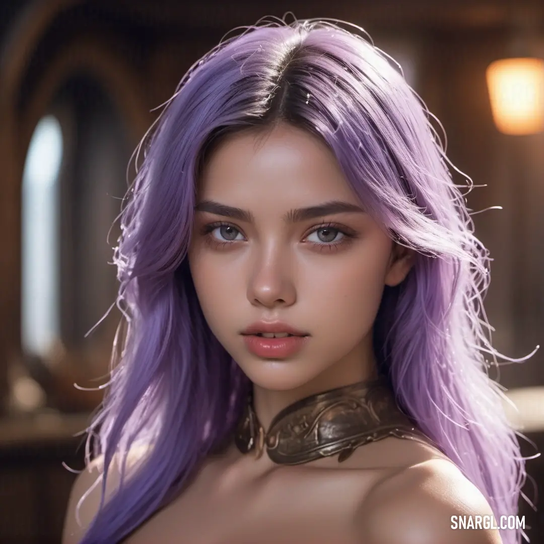 Woman with purple hair and a choker on her neck and chest is posing for a picture in a dimly lit room. Color PANTONE 530.