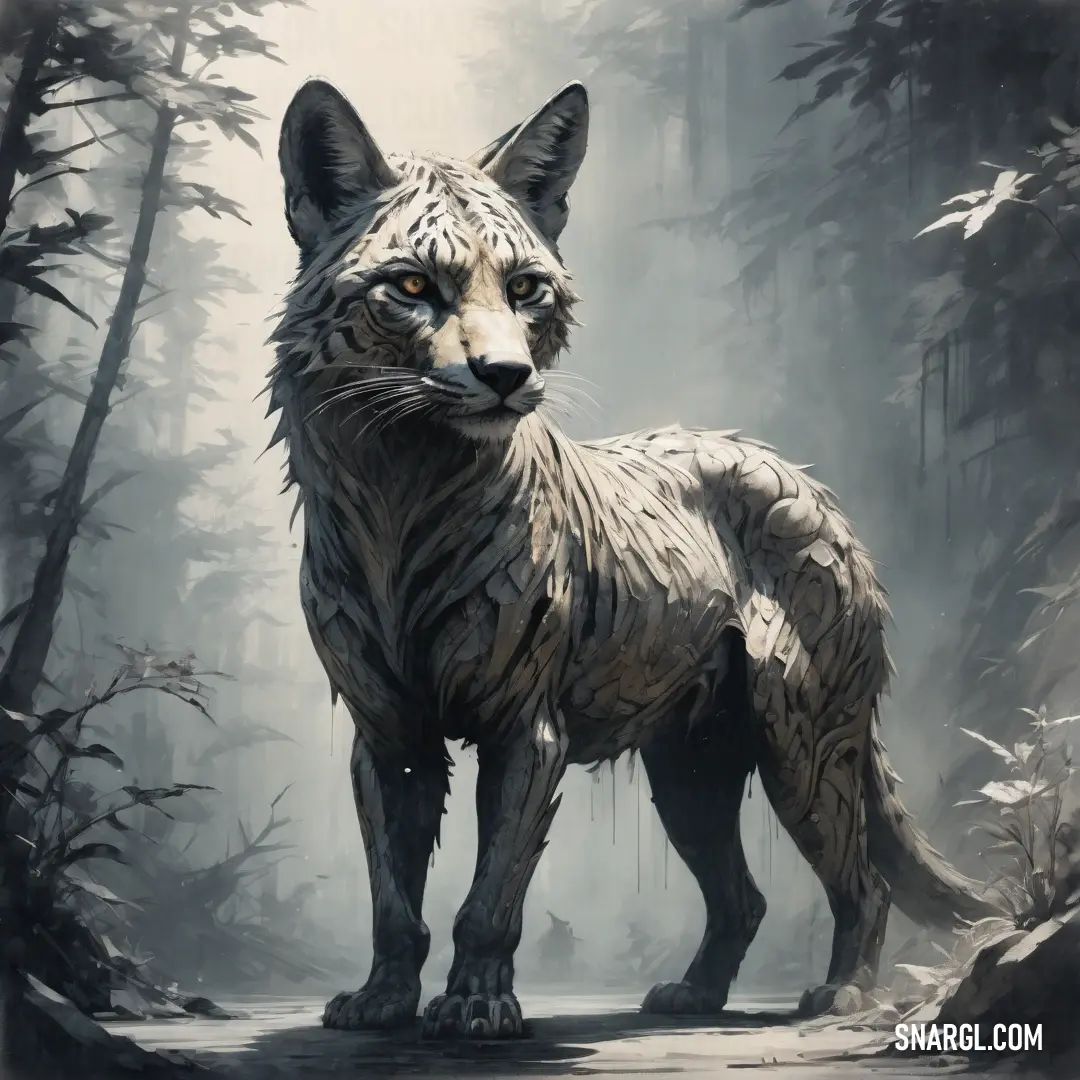 Painting of a wolf standing in a forest with trees in the background. Example of #C2C2D2 color.
