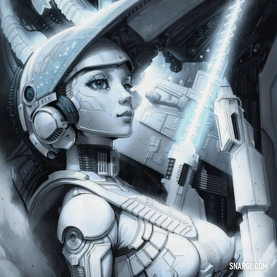 PANTONE 5305 color example: Woman in a helmet holding a sword in her hand and a sci - fi, Artgerm
