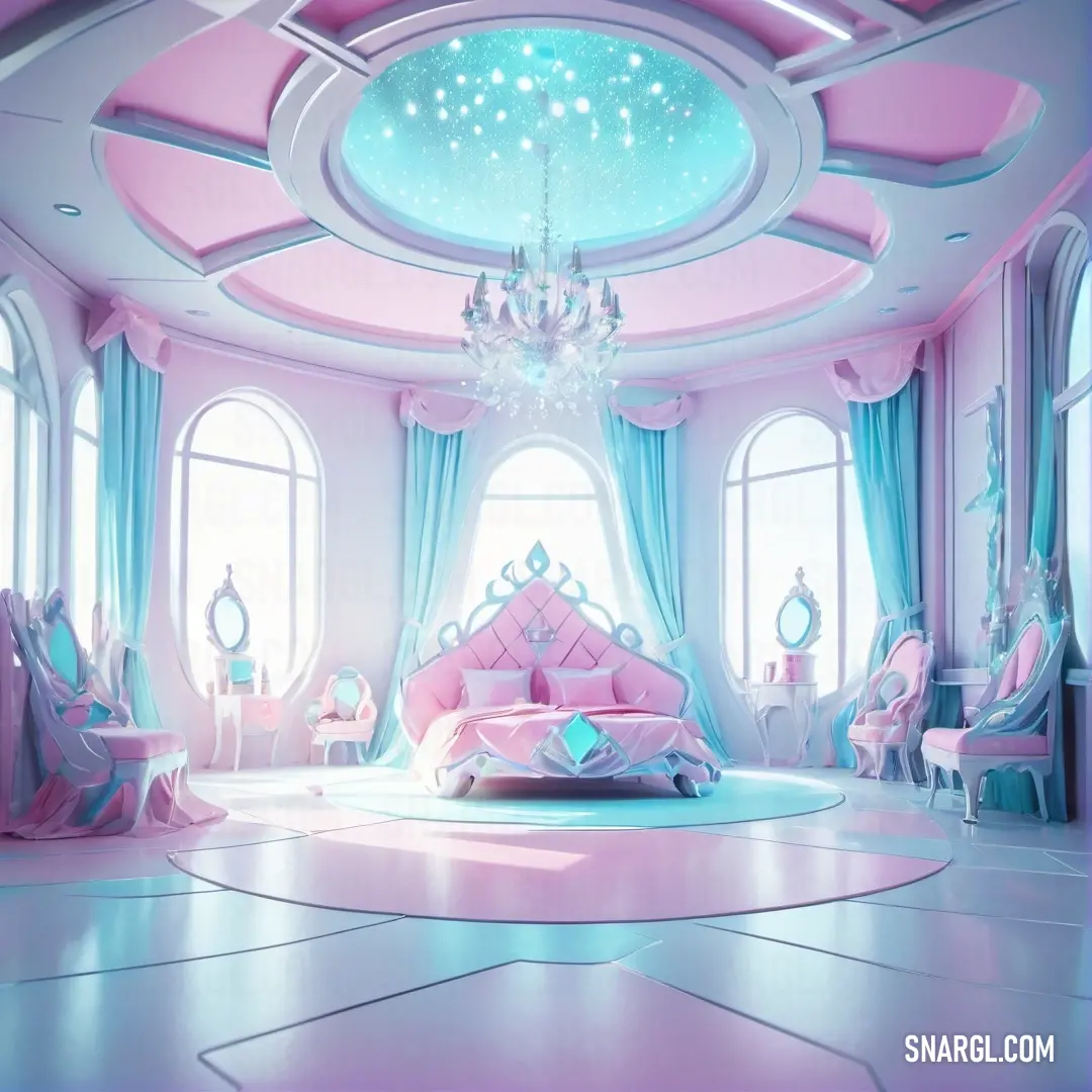 Bedroom with a pink bed and chandelier