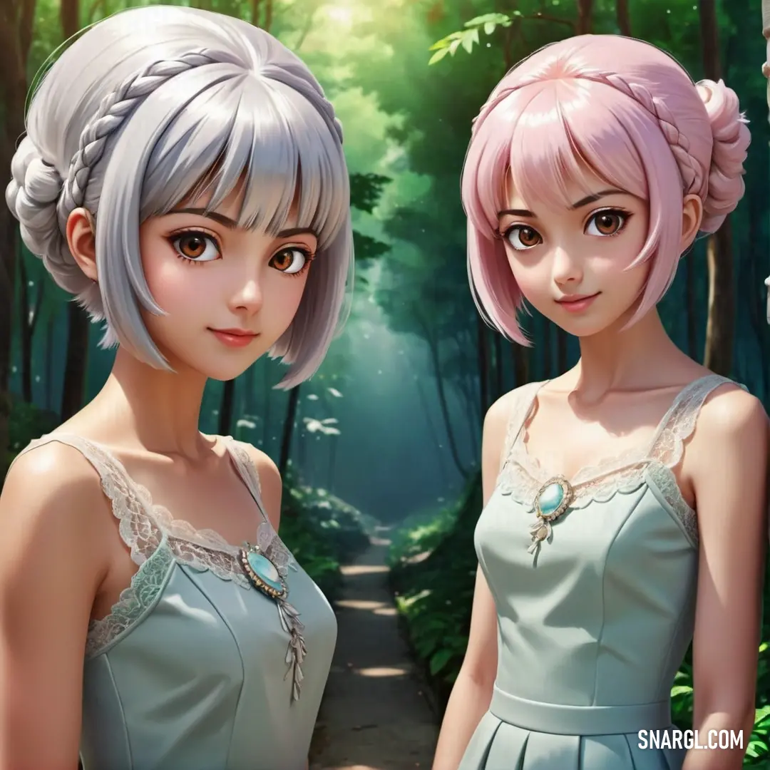 Two anime girls standing next to each other in a forest with trees and bushes behind them. Color #DDC7DD.