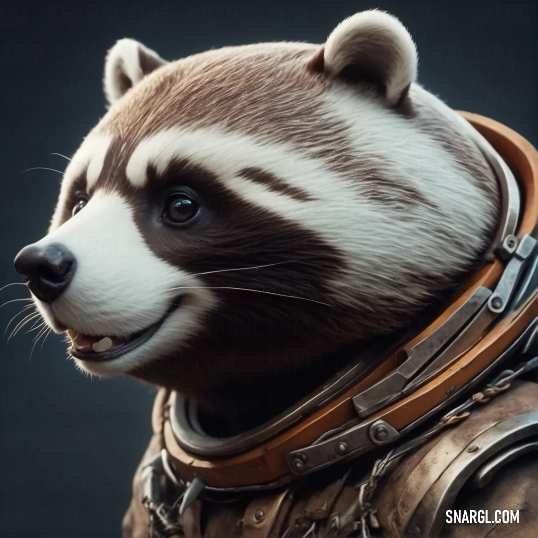 Raccoon wearing a leather outfit and a leather collar with a leather collar and a leather belt. Example of RGB 213,215,224 color.