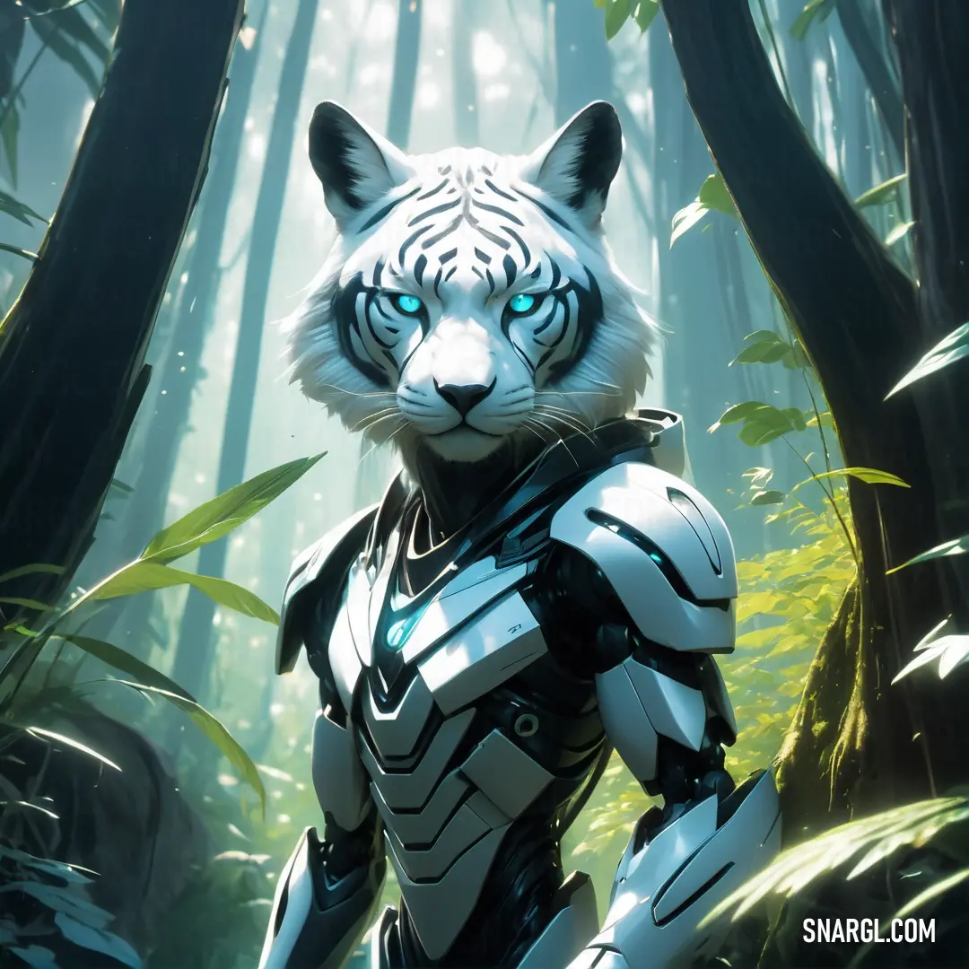 PANTONE 5315 color example: White tiger in a forest with a robot suit on and a helmet on