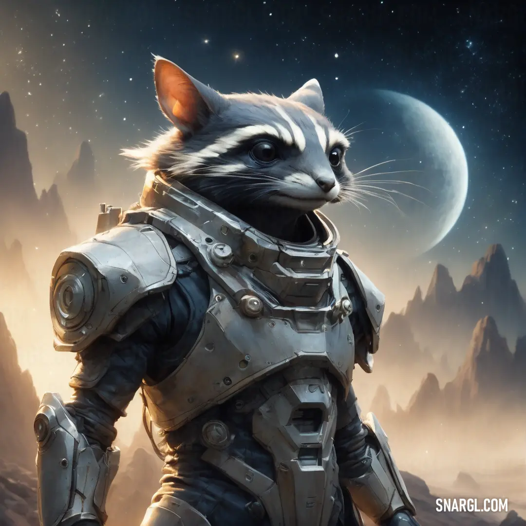 Raccoon in a space suit standing in front of a mountain landscape with a moon in the background. Example of #282932 color.